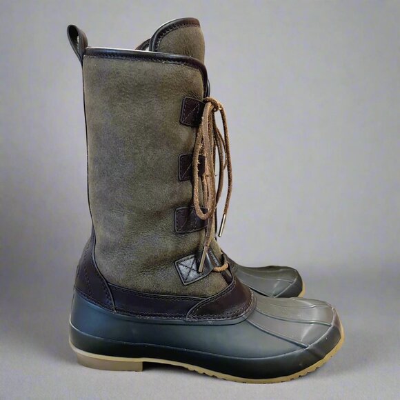 Tory Burch brown and olive Argyll duck boots, size 8 - Picture 1 of 5
